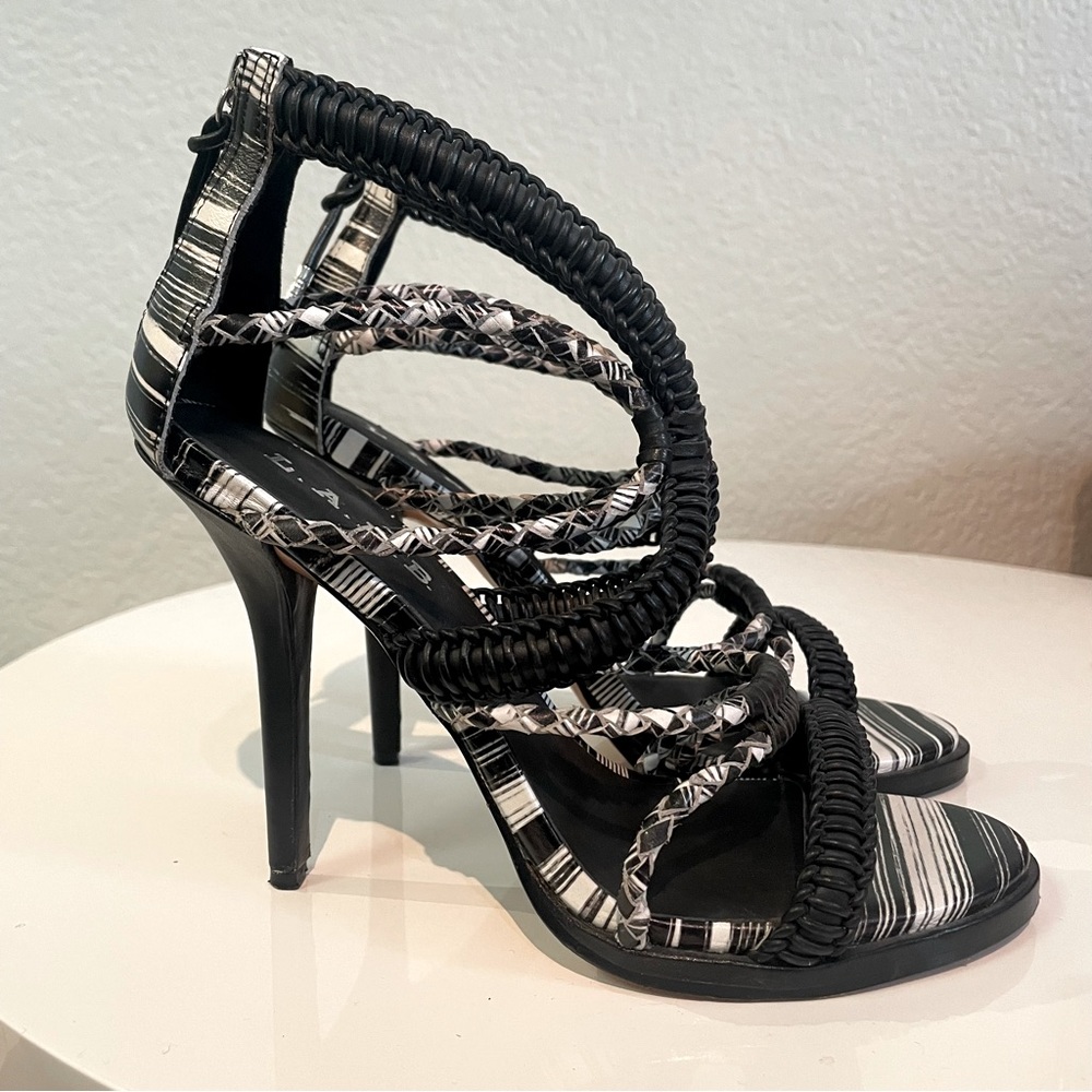 L.A.M.B. black & white woven high heeled sandals